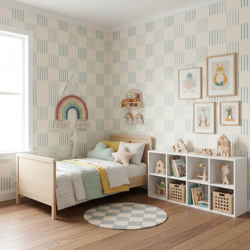 Blue check geometric kids' wallpaper – design detail
