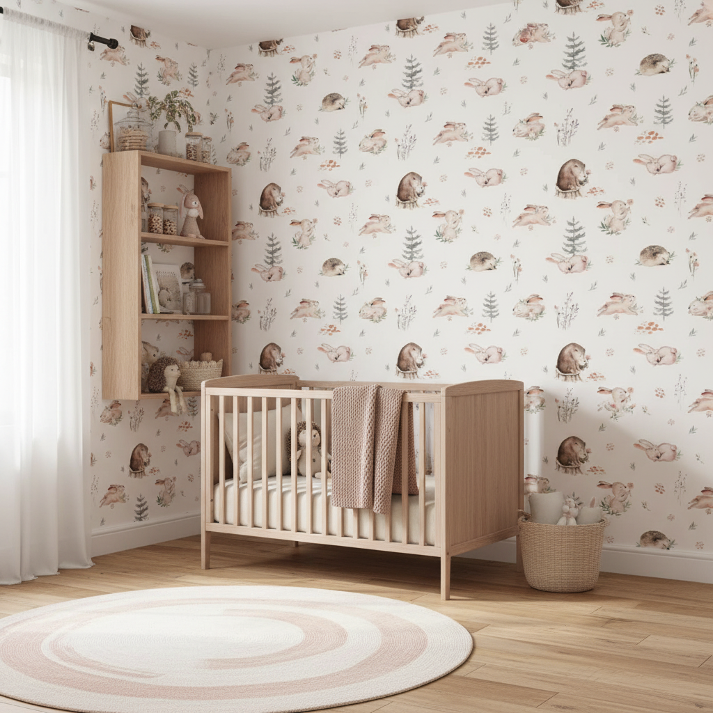 Neutral forest baby room wallpaper – design detail