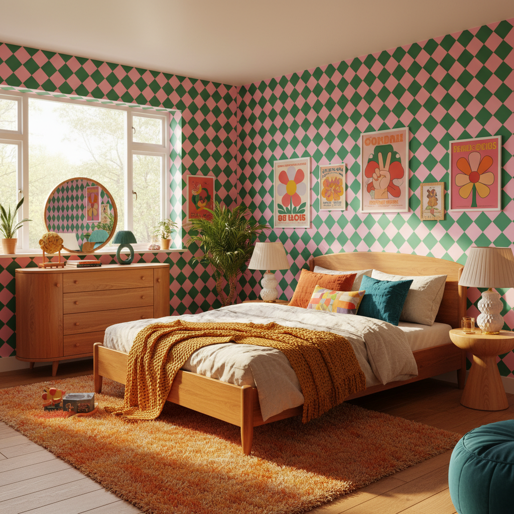 Pink & Green Diamond Retro Wallpaper