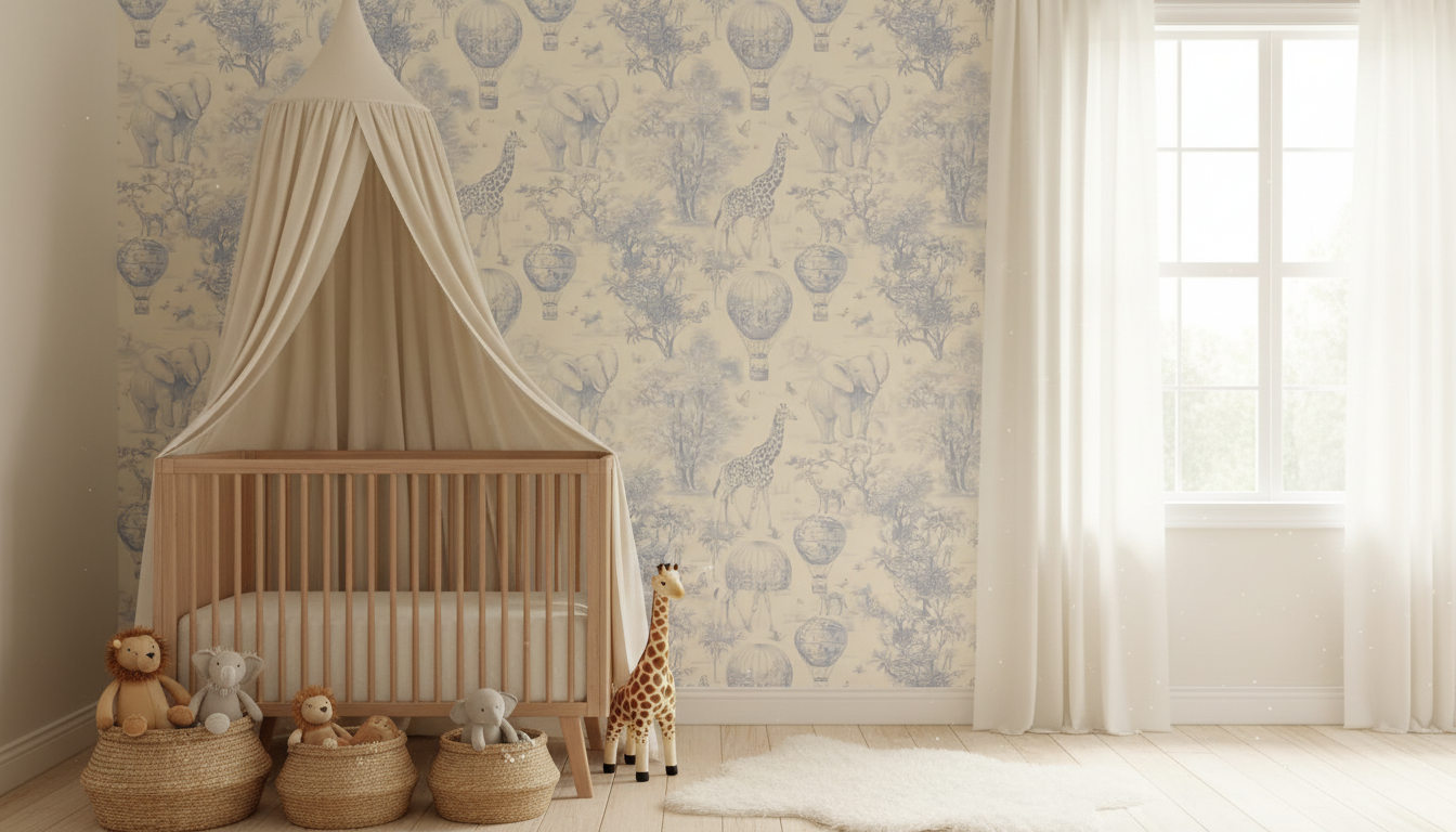 Vintage blue safari toile nursery wallpaper – design detail