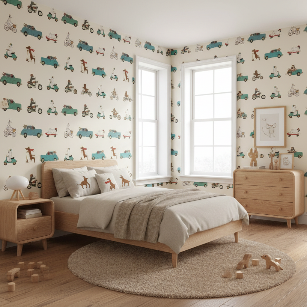 Retro animal transport vintage kids' wallpaper – design detail