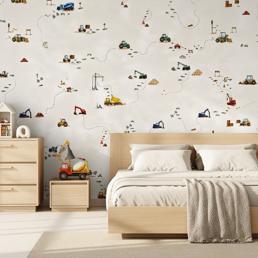 Beige construction vehicles kids' wallpaper – design detail