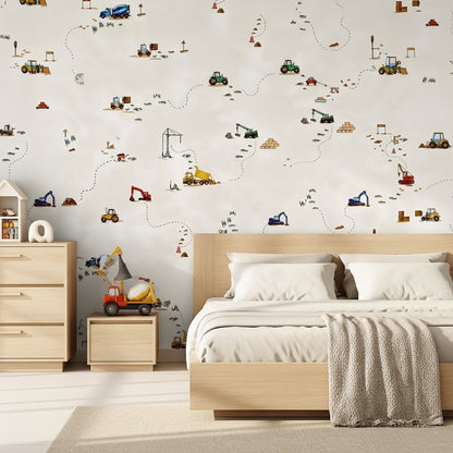 Beige Construction Vehicles Kids Wallpaper
