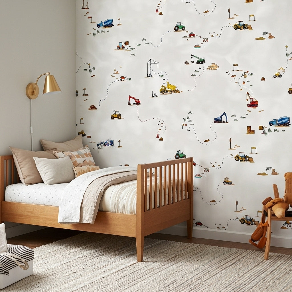 Beige construction vehicles kids' wallpaper – design detail