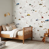 Beige construction vehicles kids' wallpaper – design detail