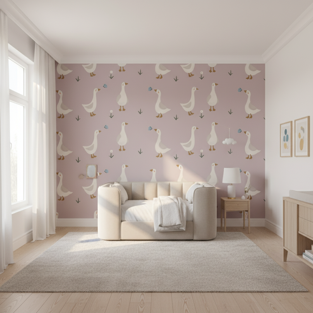 Pink Goose Nursery Wallpaper
