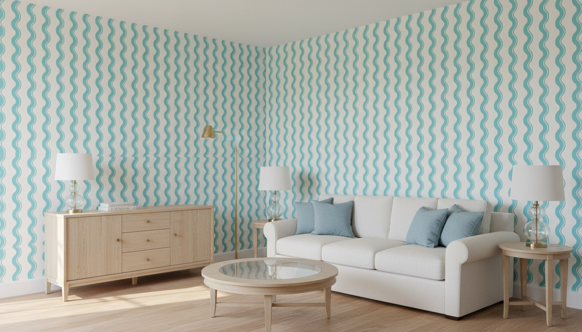 Teal wavy stripe wallpaper – design detail