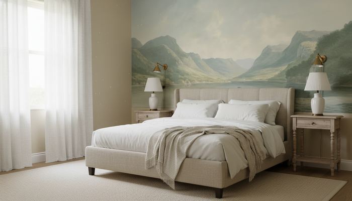 Soft green valley and lake wall mural wallpaper