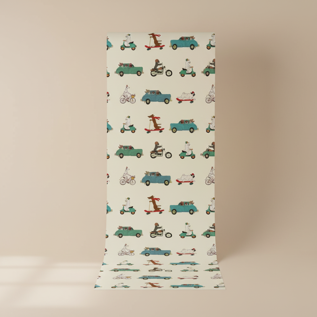 Retro animal transport vintage kids' wallpaper – design detail