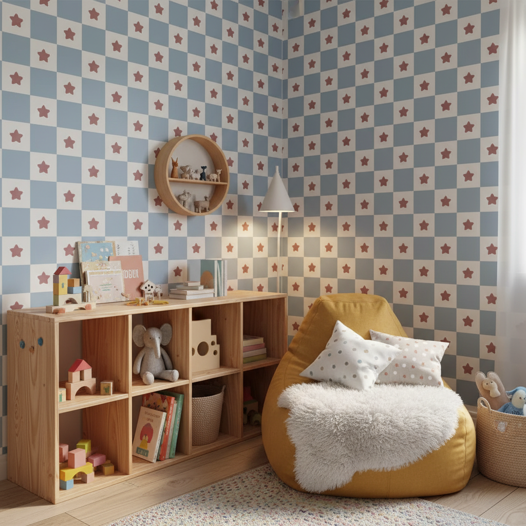 Retro checkerboard blue kids' wallpaper – design detail