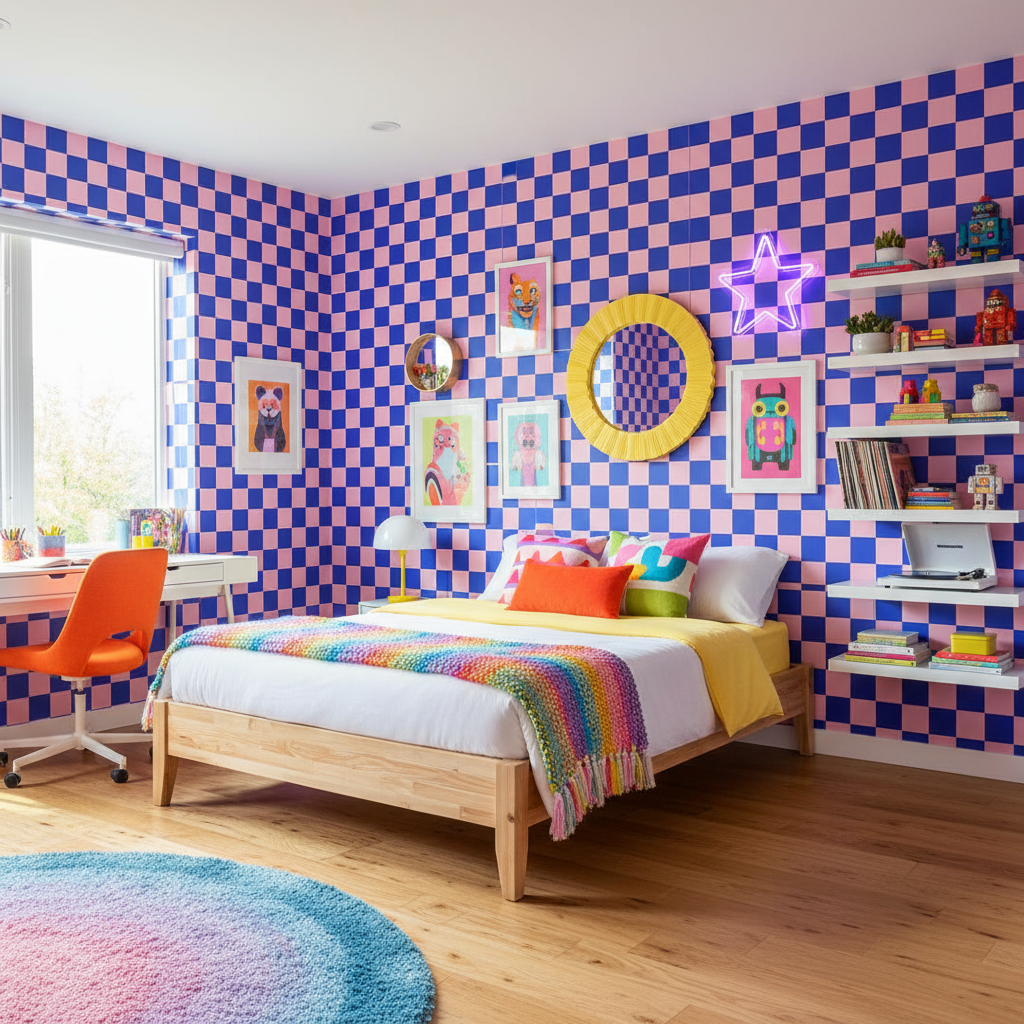Pink and blue retro checkerboard wallpaper – design detail