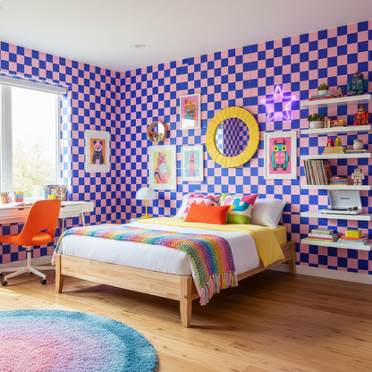 Pink and Blue Retro Checkerboard Wallpaper