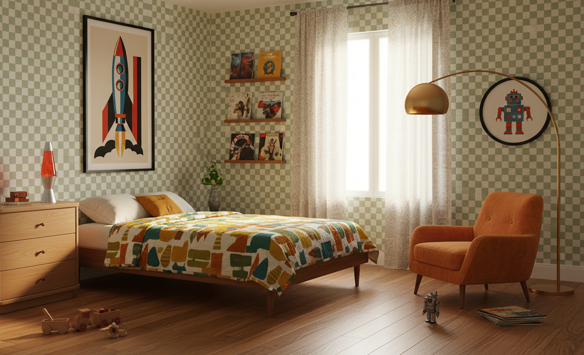 Children's bedroom with checkered wallpaper, colorful bedspread, and orange chair.