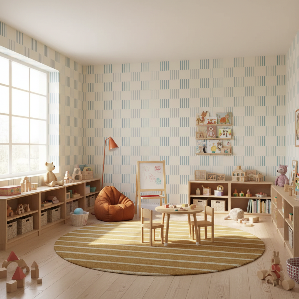 Blue Check Geometric Kids Wallpaper