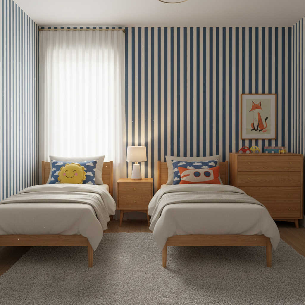 Blue and white classic stripe wallpaper – design detail