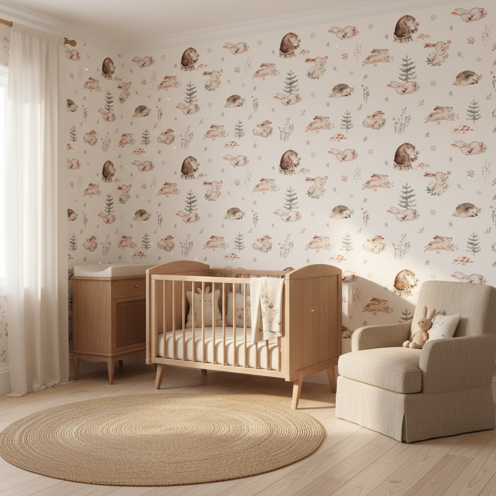 Neutral forest baby room wallpaper – design detail