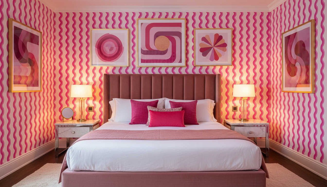 Hot pink wavy stripe wallpaper – design detail