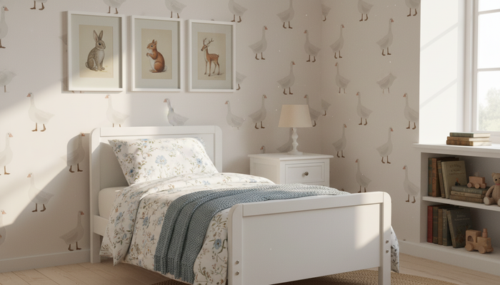 White goose wallpaper for a nursery