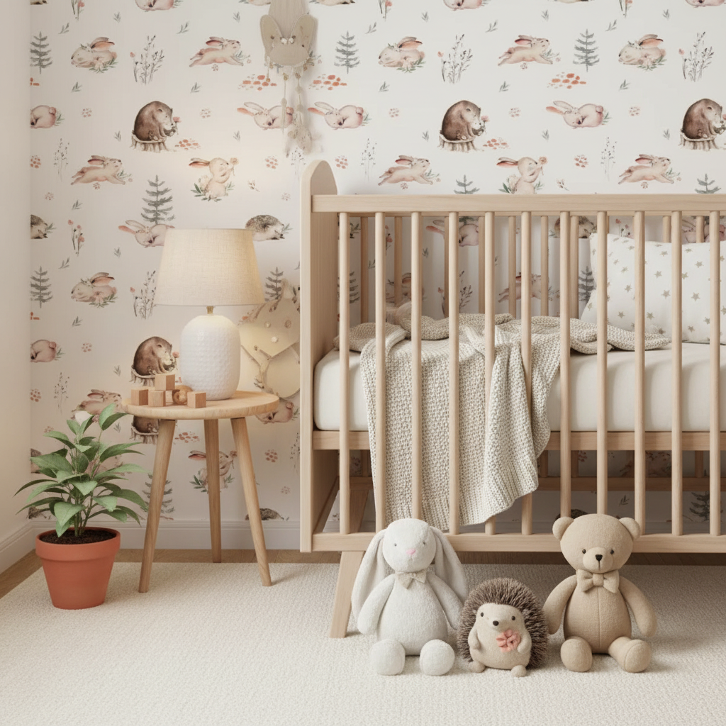 Neutral Forest Baby Room Wallpaper