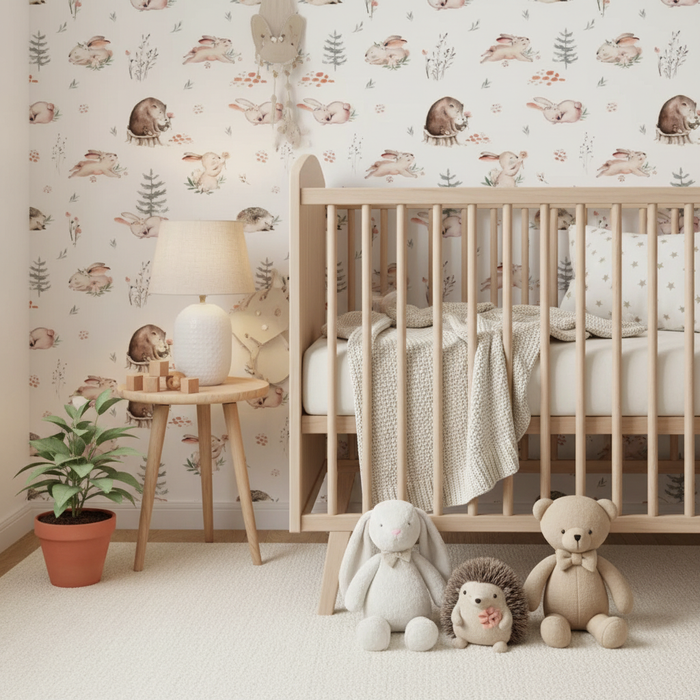 Neutral forest baby room wallpaper