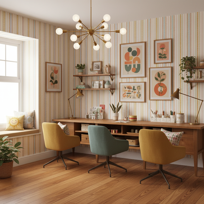 Modern home office with wooden desk, chairs, and decorative wall art.