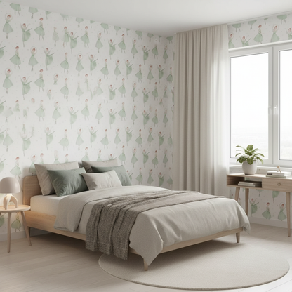 Soft Green Ballerina Nursery Wallpaper