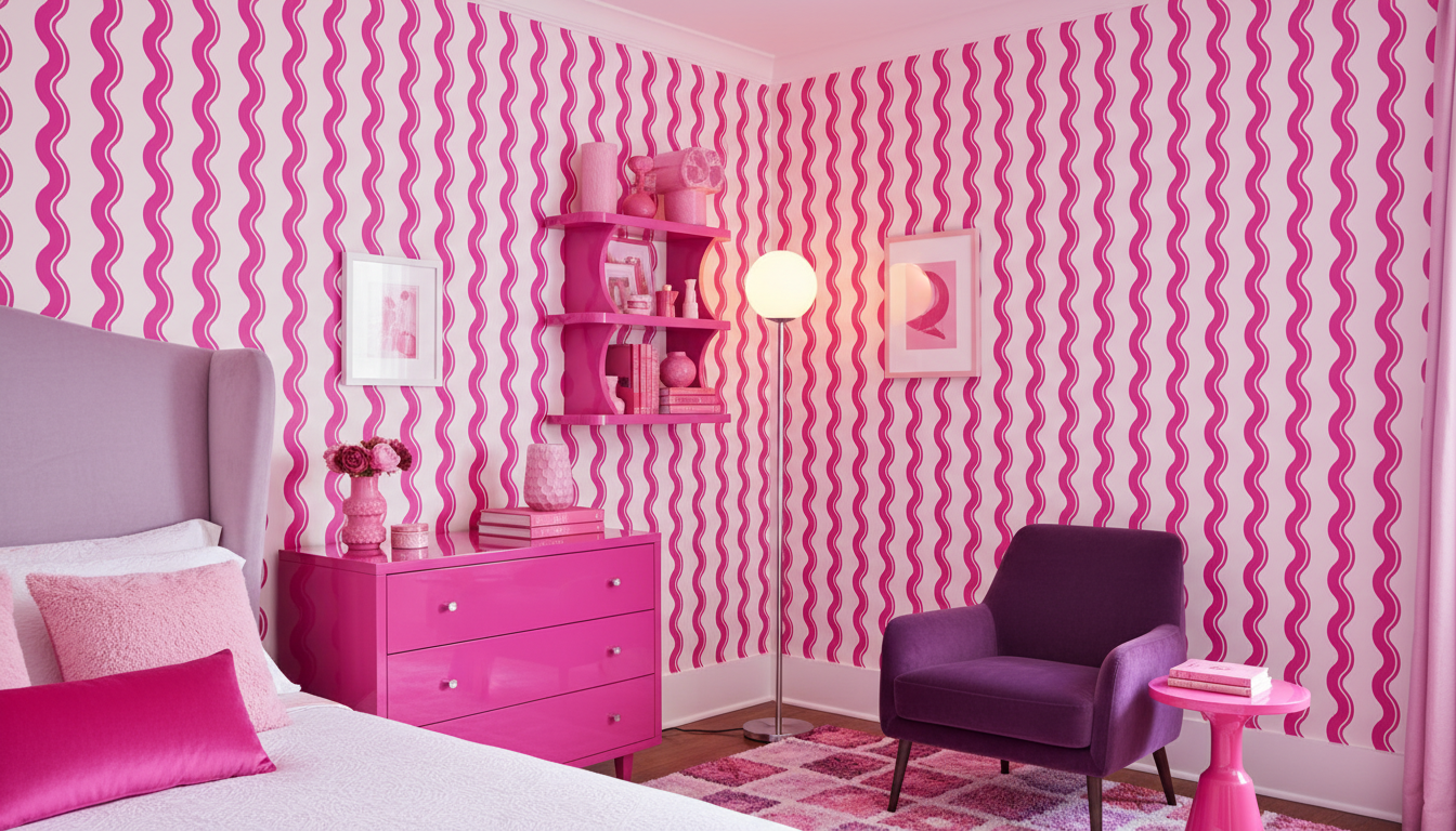 Hot pink wavy stripe wallpaper – design detail