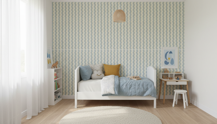Blue and mustard wavy stripe wallpaper