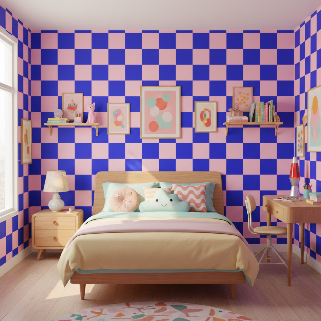 Pink and blue retro checkerboard wallpaper