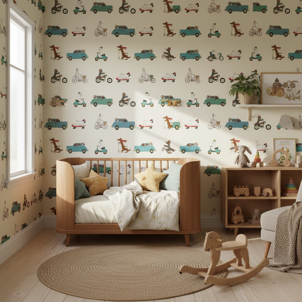 Retro animal transport vintage kids' wallpaper – design detail