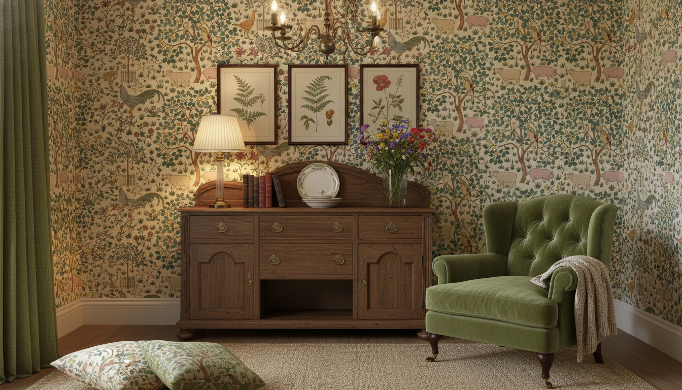 Sage Green Vintage English Countryside Farm Wallpaper