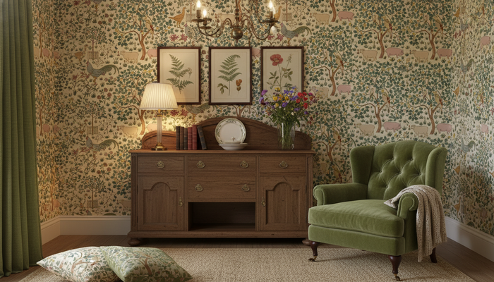 Sage green vintage English countryside farm wallpaper
