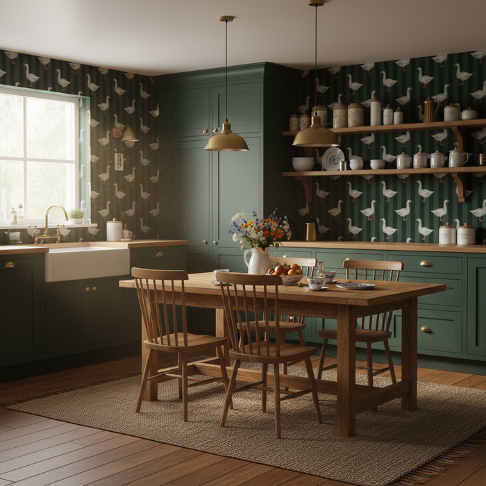 Classic green goose farmhouse wallpaper – design detail