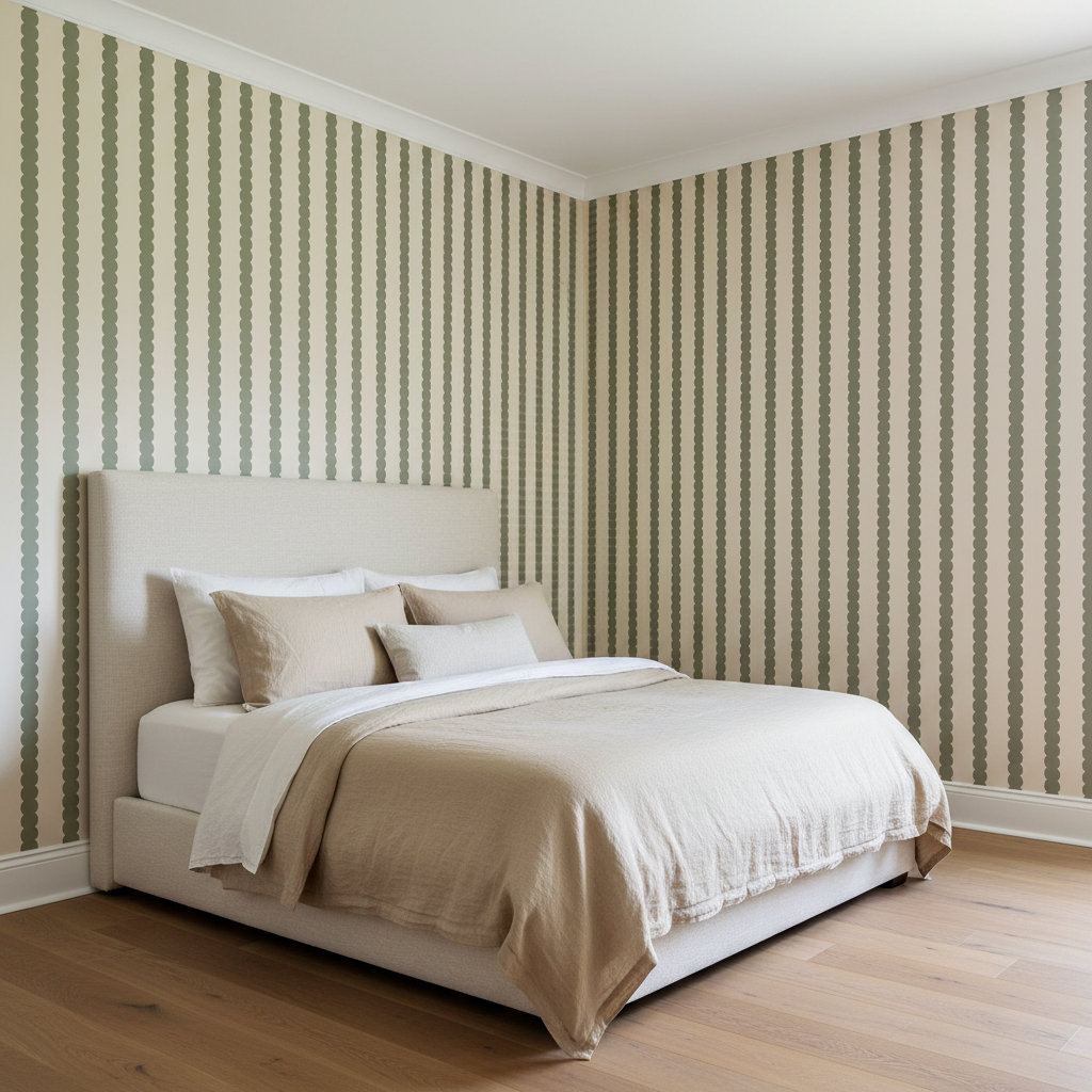 Sage green scalloped stripe wallpaper – design detail