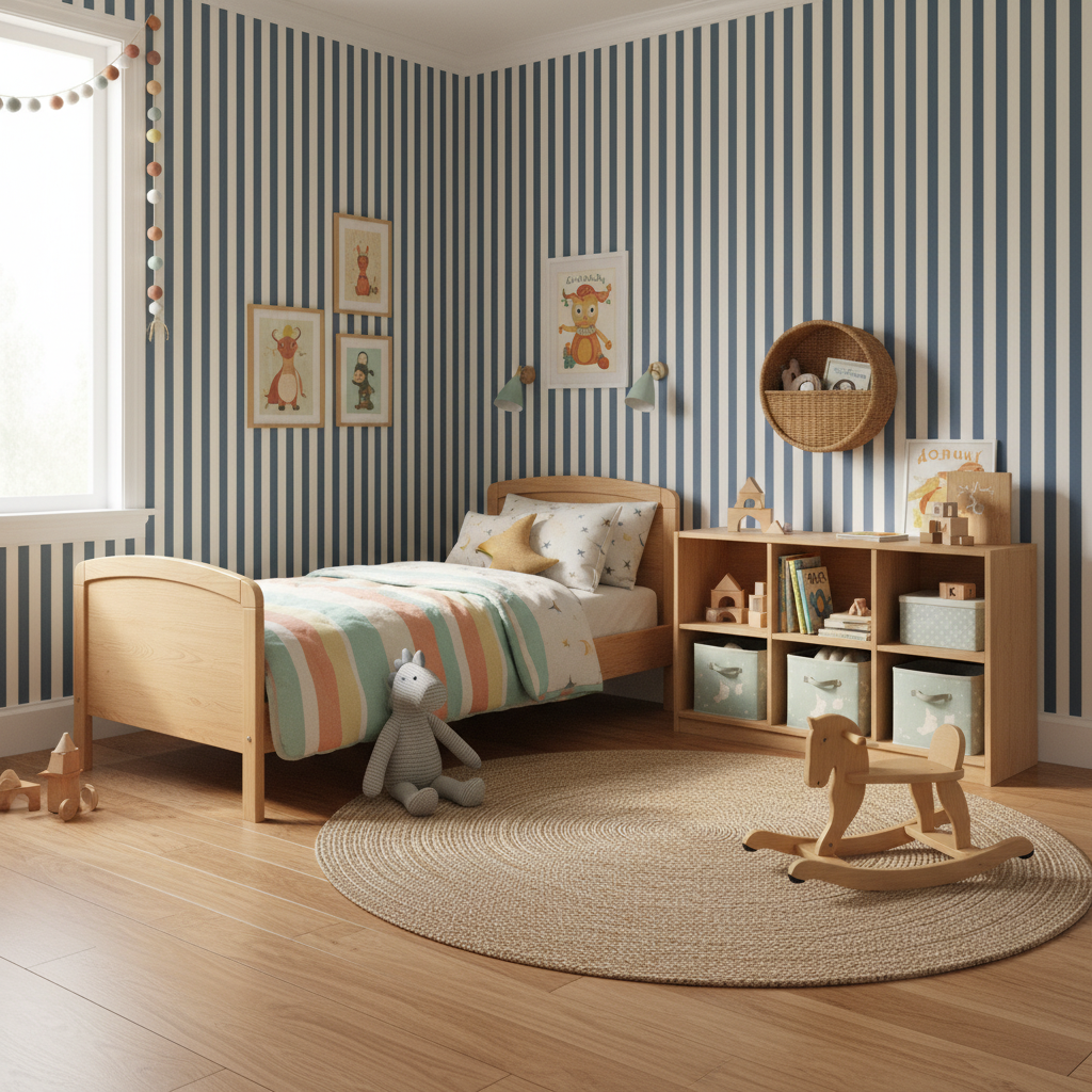 Blue and white classic stripe wallpaper – design detail