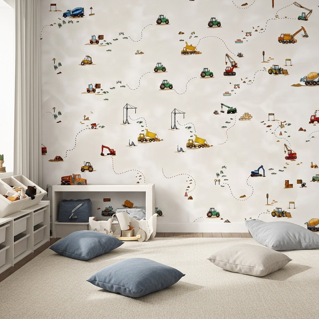 Beige construction vehicles kids' wallpaper