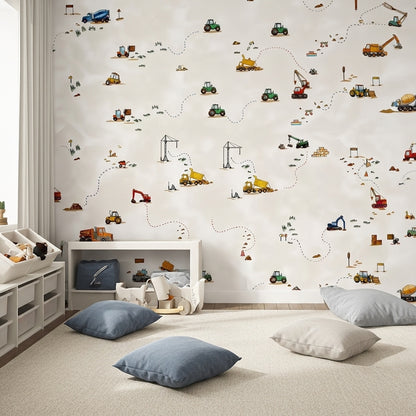 Beige Construction Vehicles Kids Wallpaper