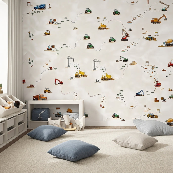Beige construction vehicles kids' wallpaper