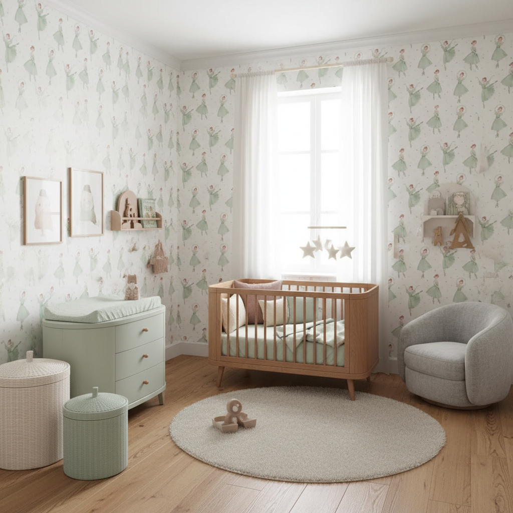 Soft green ballerina wallpaper for a nursery