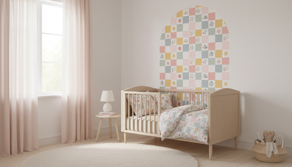 Children's bedroom with a crib, colorful wall art, and soft decor.