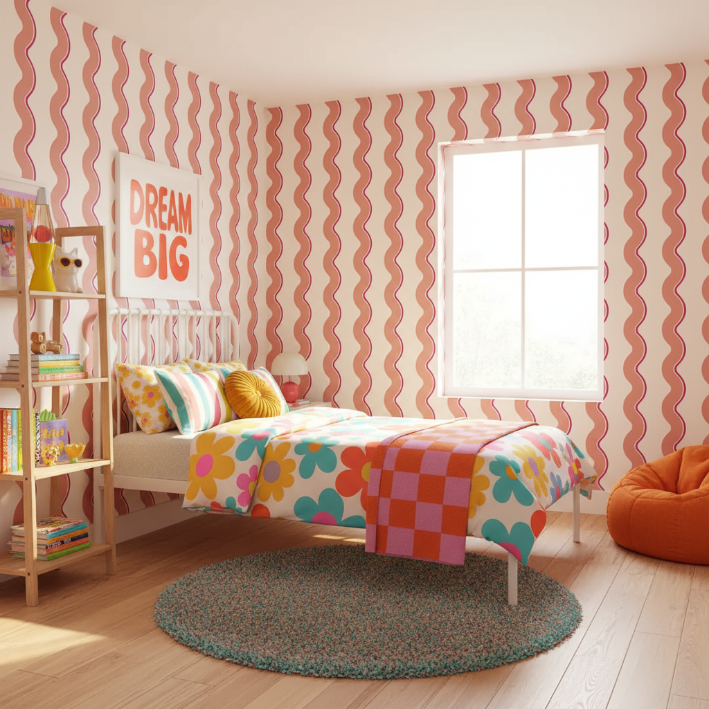 Children's bedroom with pink wavy wallpaper, colorful bedding, and a 'Dream Big' sign.