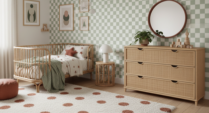 Children's bedroom with wooden crib, dresser, and decorative elements.