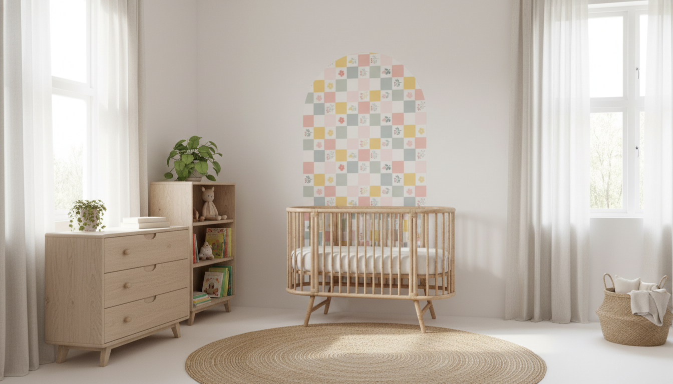 Nursery room with wooden crib, dresser, and decorative wall art.