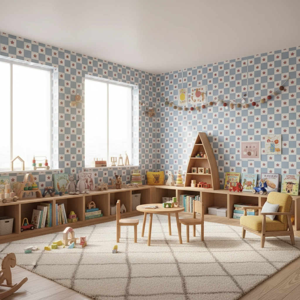 Retro Checkerboard Blue Kids Wallpaper