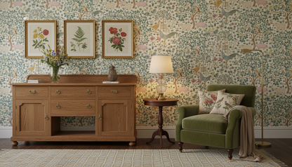 Sage Green Vintage English Countryside Farm Wallpaper