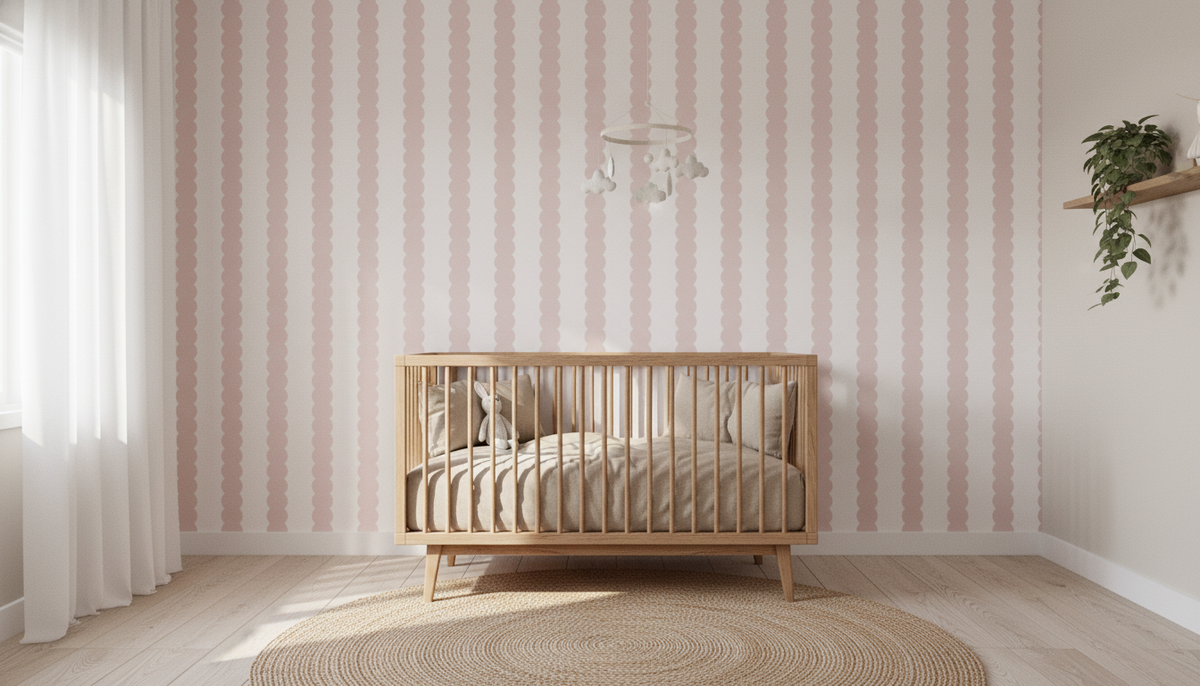 Baby pink scalloped stripe wallpaper – design detail