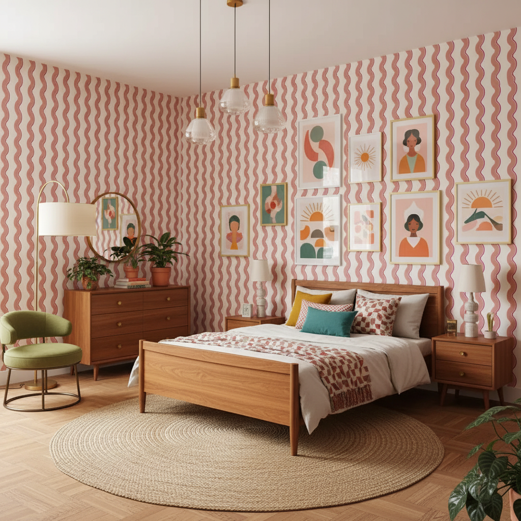Retro pink wavy wallpaper – design detail