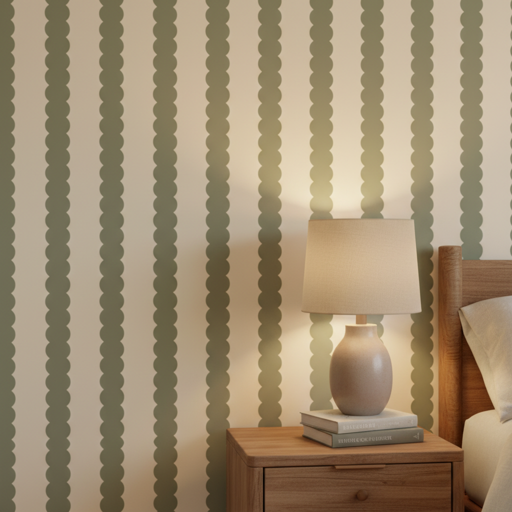 Sage green scalloped stripe wallpaper