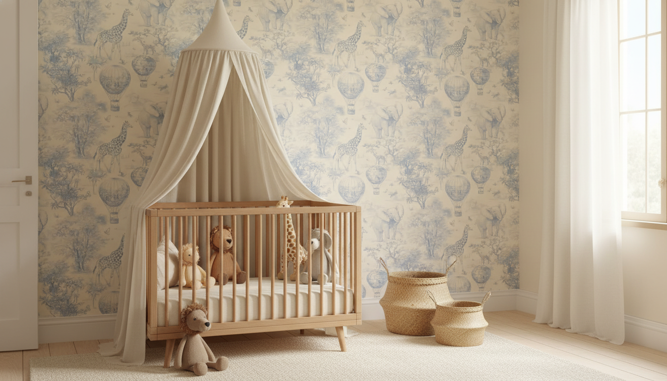 Vintage blue safari toile nursery wallpaper – design detail