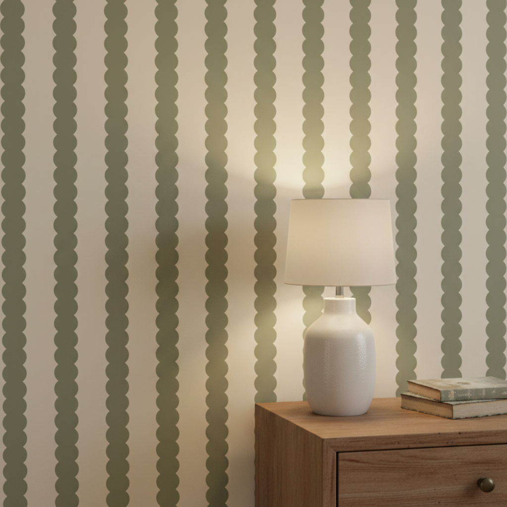 Sage green scalloped stripe wallpaper – design detail